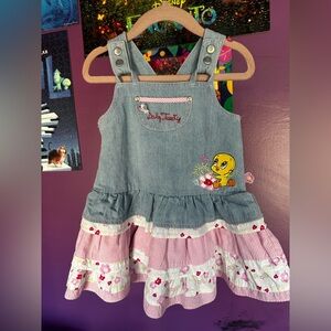 Adorable Vintage Denim Dress with Pink Accents
